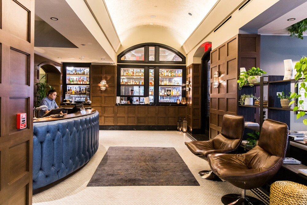 Lobby area at Dossier Hotel in Portland, as shown in the photo gallery